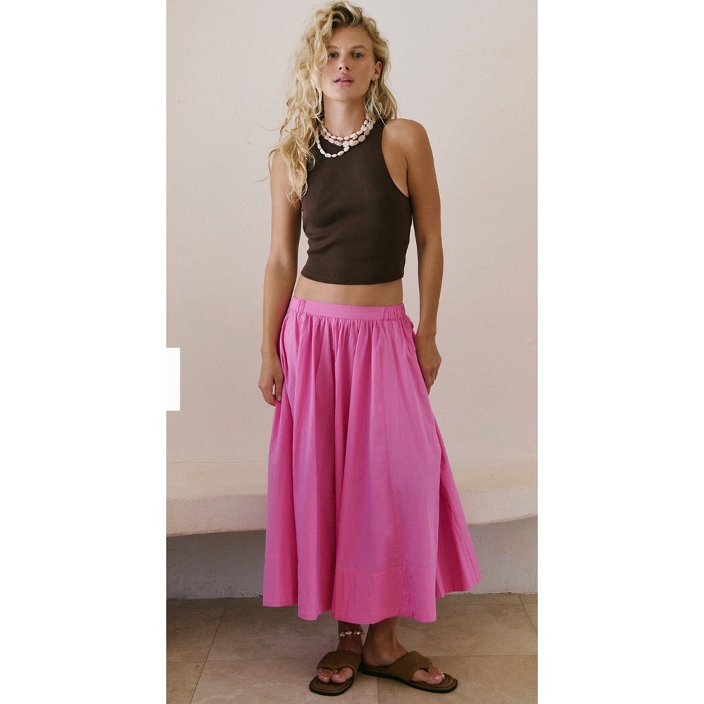 Free People Womens S Lowen Midi Skirt Pink Cotton Elastic Waist Pockets